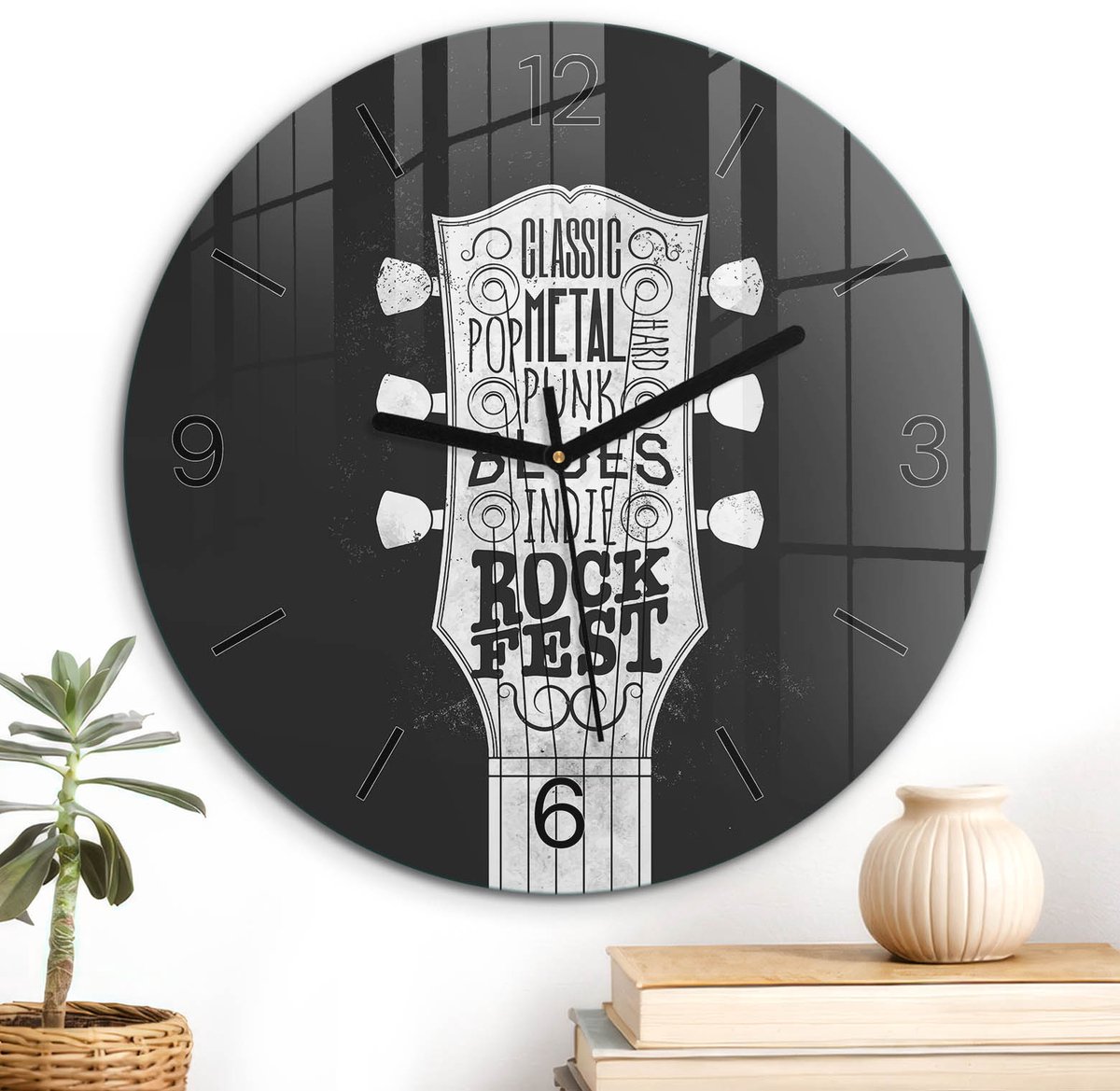 ArtPrintCave Zwart Glazen Klok - Wandklok 30 cm - Muurklok Rond - Muziekgitaar Unieke Klok - Texturen Stille Wandklok - Zwarte Klokwijzers