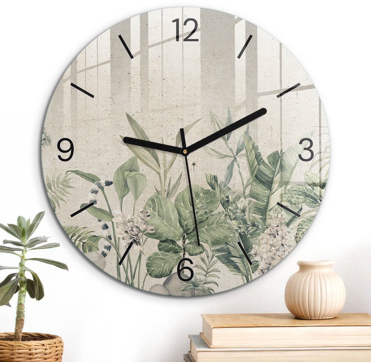 ArtPrintCave Groene Glazen Klok - Wandklok 30 cm - Muurklok Rond - Tropische Jungle Stille Wandklok - Bloemen En Planten Wandklok Keuken - Zwarte Klokwijzers