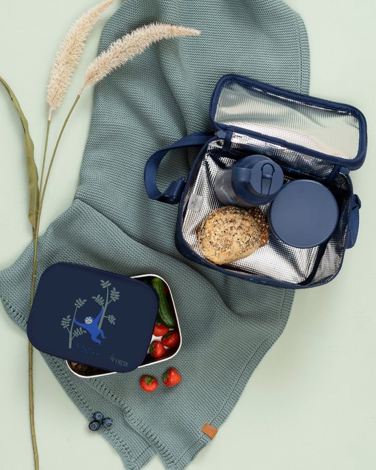 Fresk Grote Koeltas Kind 6.2 L - Lunchtas Jongens - Thermische Lunch Koeltas - Met Bestekvak - Waterafstotende Lunchtas - Blauw - Monkey van Fresk — afbeelding 2