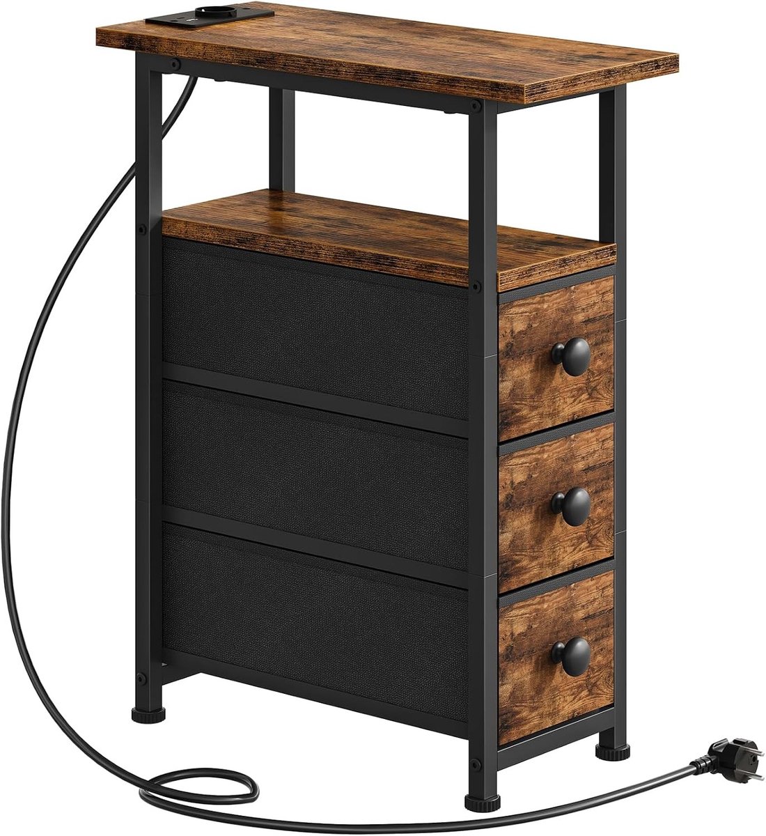 Vellaro Bijzettafel met laadstation - Retrobruin en zwart - 48 x 20 x 60 cm - Vliesstof lades - Voor woonkamer en slaapkamer