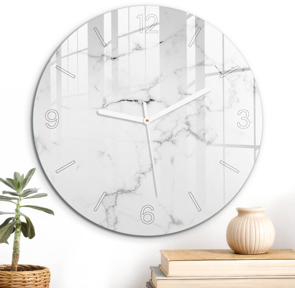 ArtPrintCave Wit Glazen Klok - Wandklok 30 cm - Muurklok Rond - Licht Marmer Stille Wandklok - Achtergronden En Patronen Wandklok Keuken - Witte Klokwijzers
