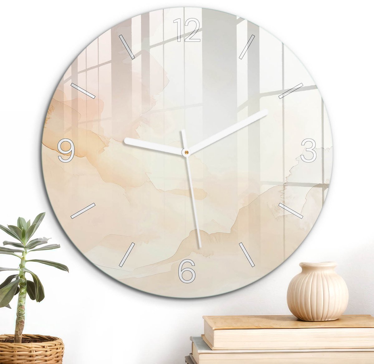 ArtPrintCave Beige Glazen Klok - Wandklok 30 cm - Muurklok Rond - Pastelkleurige Aquarelverf Unieke Klok - Achtergronden En Patronen Stille Wandklok - Witte Klokwijzers