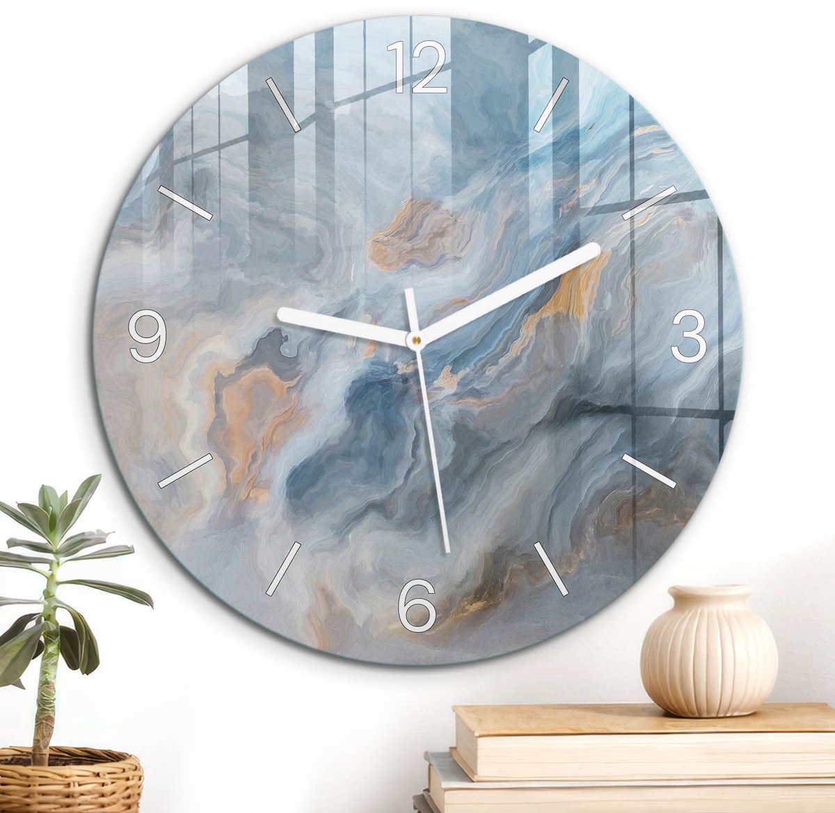 ArtPrintCave Blauw Glazen Klok - Wandklok 30 cm - Muurklok Rond - Abstracte Wolken Unieke Klok - Landschappen Stille Wandklok - Witte Klokwijzers