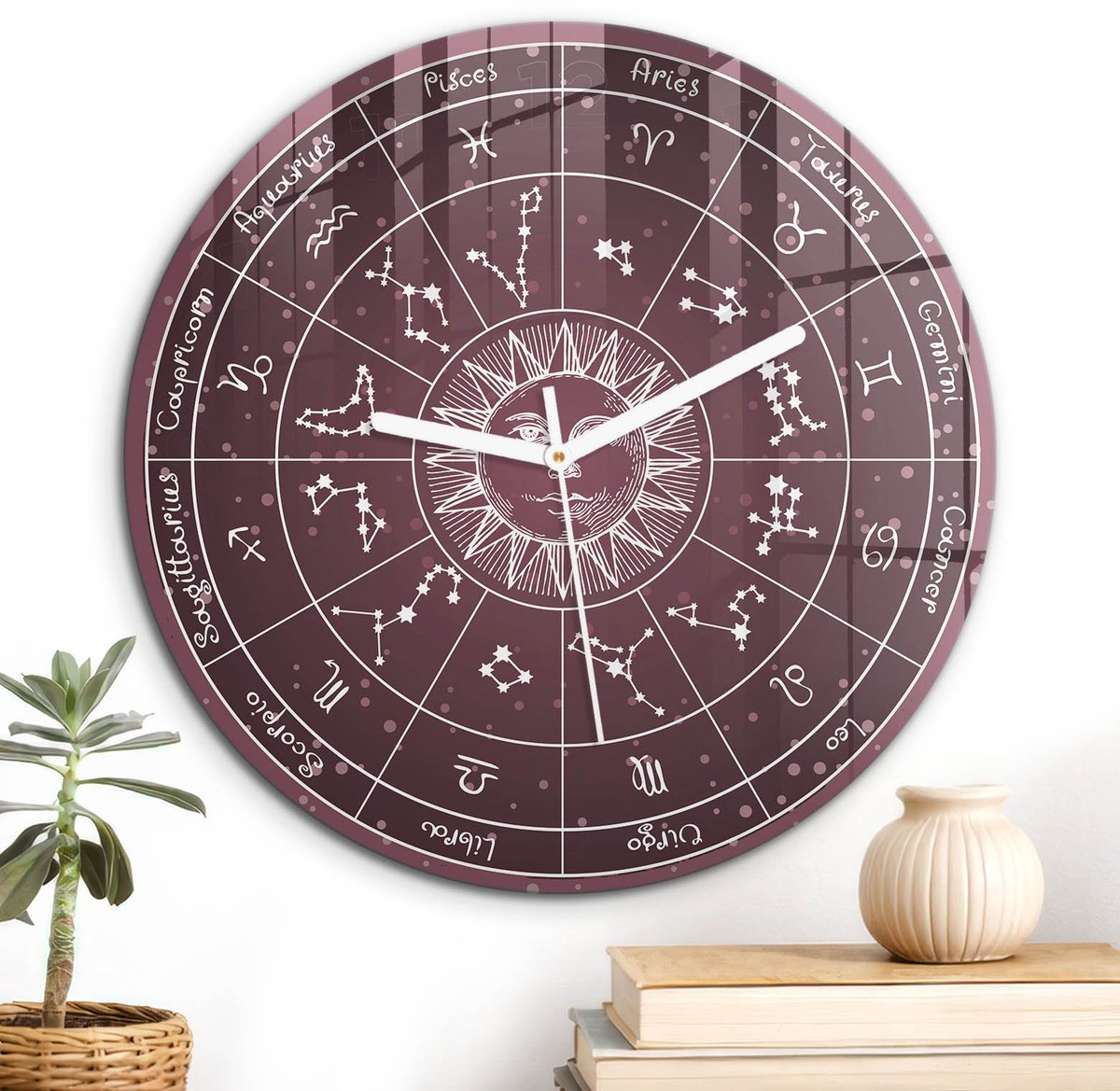 ArtPrintCave Bordeaux Glazen Klok - Wandklok 30 cm - Muurklok Rond - Astrologische Cirkel Unieke Klok - Abstractie Stille Wandklok - Witte Klokwijzers