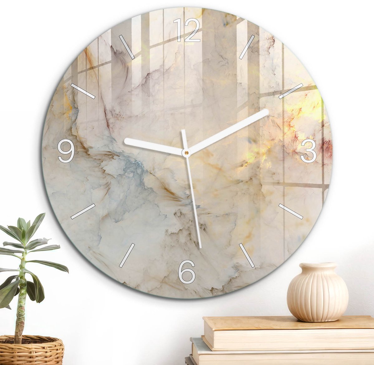 ArtPrintCave Beige Glazen Klok - Wandklok 30 cm - Muurklok Rond - Abstracte Uitdrukking Unieke Klok - Kunst Stille Wandklok - Witte Klokwijzers