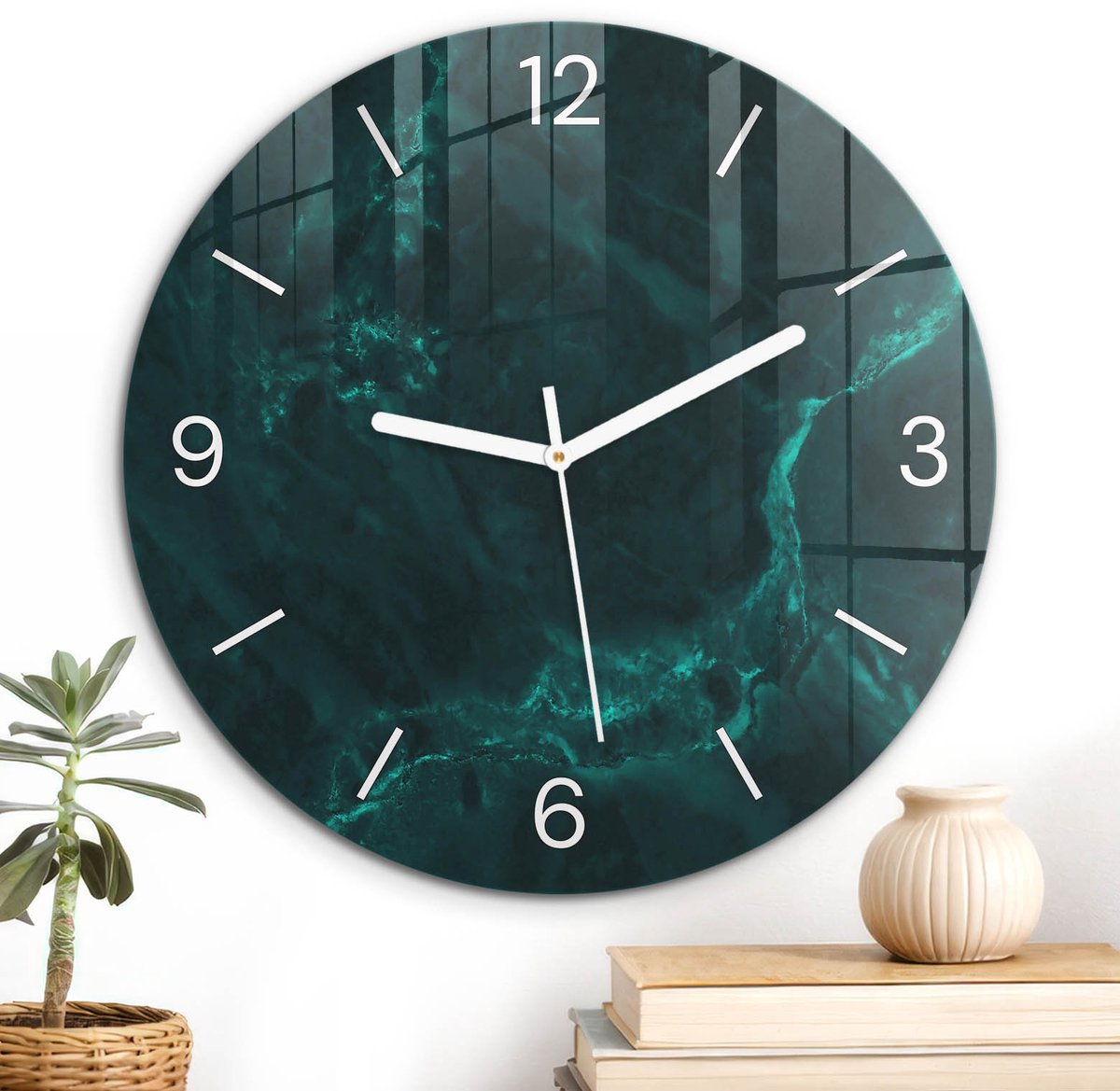 ArtPrintCave Marine Glazen Klok - Wandklok 30 cm - Muurklok Rond - Marineblauwe Marmer Stille Wandklok - Kunst Wandklok Keuken - Witte Klokwijzers