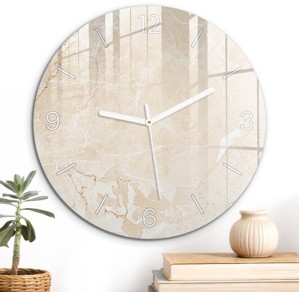 ArtPrintCave Beige Glazen Klok - Wandklok 30 cm - Muurklok Rond - Steenstructuur Unieke Klok - Achtergronden En Patronen Stille Wandklok - Witte Klokwijzers