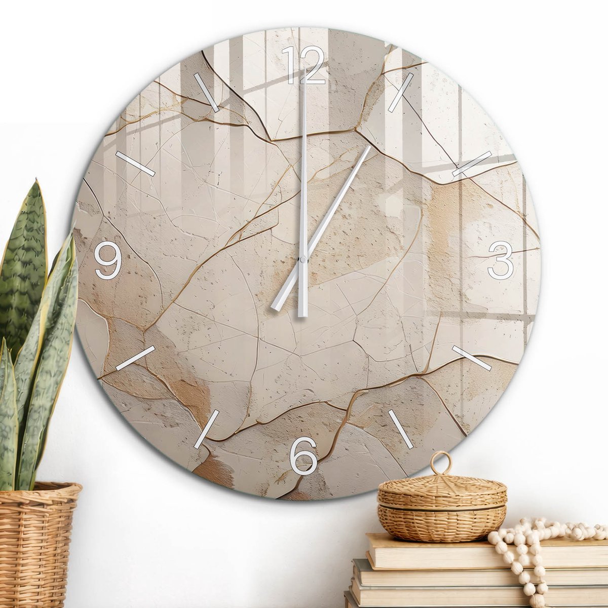 ArtPrintCave Beige Glazen Klok - Wandklok 60 cm - Muurklok Rond - Gebarsten Oppervlak Stille Wandklok - Achtergronden En Patronen Wandklok Keuken - Witte Klokwijzers