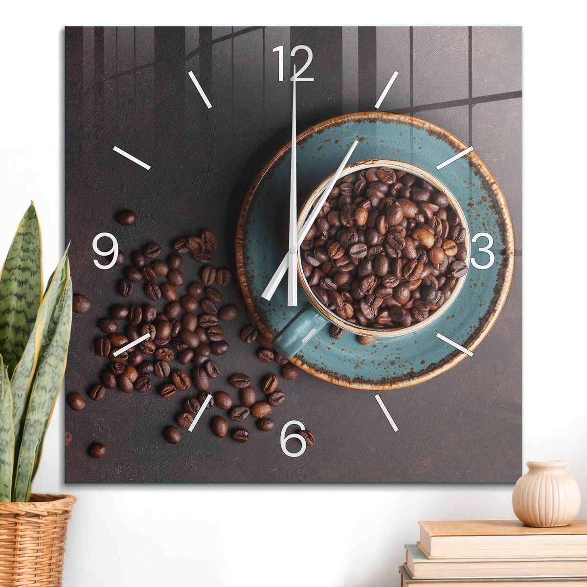 ArtPrintCave Bruin Glazen Klok - 60x60 cm - Wandklok Vierkant - Koffie-Inspiratie Stille Wandklok - Texturen Wandklok Keuken - Witte Klokwijzers