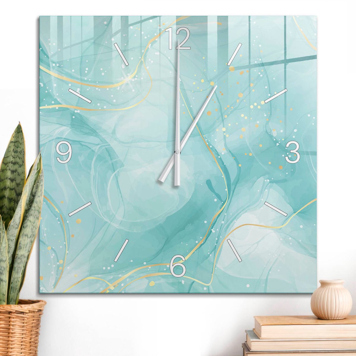 ArtPrintCave Turkoois Glazen Klok - 60x60 cm - Wandklok Vierkant - Turquoise Droom Stille Wandklok - Kunst Wandklok Keuken - Witte Klokwijzers
