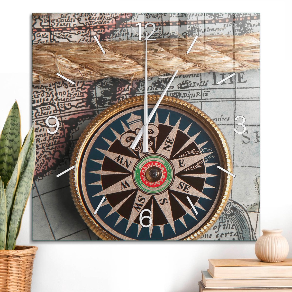 ArtPrintCave Beige Glazen Klok - 60x60 cm - Wandklok Vierkant - Reiscursus Stille Wandklok - Natuur Wandklok Keuken - Witte Klokwijzers