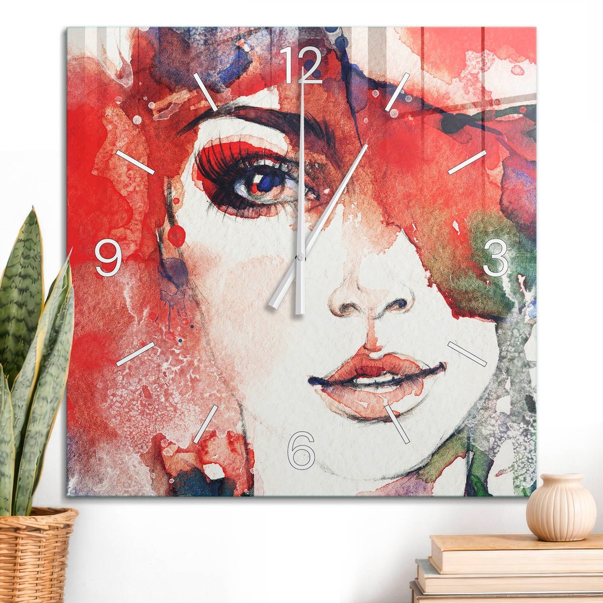 ArtPrintCave Rood Glazen Klok - 60x60 cm - Wandklok Vierkant - Kleurrijk Portret Wandklok Keuken - Abstractie Unieke Klok - Witte Klokwijzers