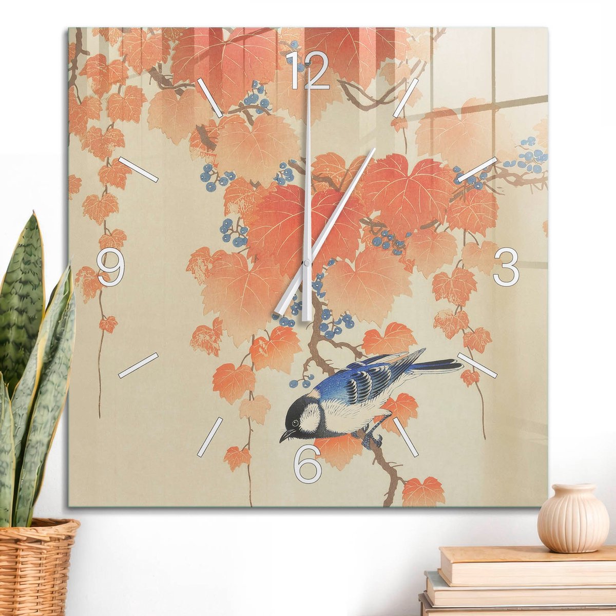 ArtPrintCave Romig Glazen Klok - 60x60 cm - Wandklok Vierkant - Vogel En Bladeren Stille Wandklok - Dieren Wandklok Keuken - Witte Klokwijzers