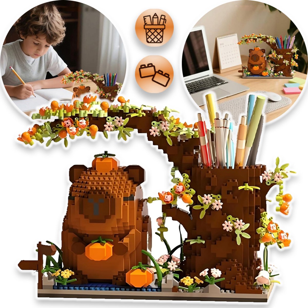 Bouwpakket Capybara met Opbergfunctie - 1880+ Mini Bouwstenen - Decoratief Bureau Accessoire - Geschikt als Cadeau voor Volwassenen en Kinderen