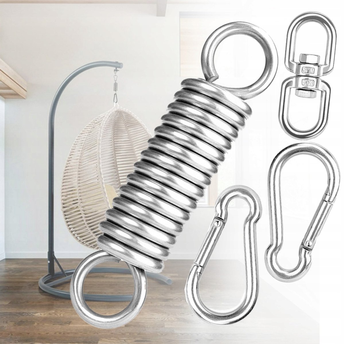 360° Draaibare Veerhaak Met 2 Karabiners – 304 Roestvrij Staal, Draagvermogen 250 Kg, Corrosiebestendig – Ideaal Voor Bokszakken, Yogatrapeze En Hangstoel