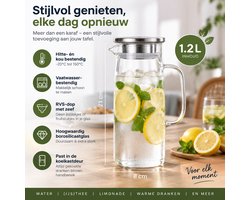 Waterkan met deksel 1.2L - Extra stevig glas - Past perfect in koelkastdeur - Vaatwasser bestendig - Schenkkan - Theekan
