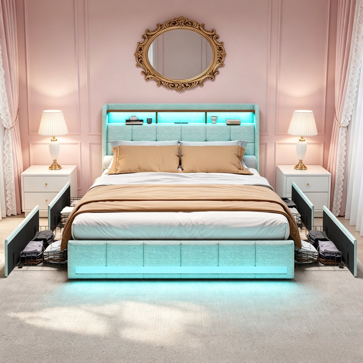 ROSAHQNDA Tweepersoonsbed 140x200 cm, gestoffeerd volwassen bed met LED-hoofdbord en 4 opberglades, modern design, linnen, beige, zonder matras