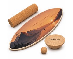 FunLife FJORD SUNSET Balance Board set met kurkrol en 2 kurkopzetstukken – Balansbord van berkenhout voor core-, balans- en coördinatietraining