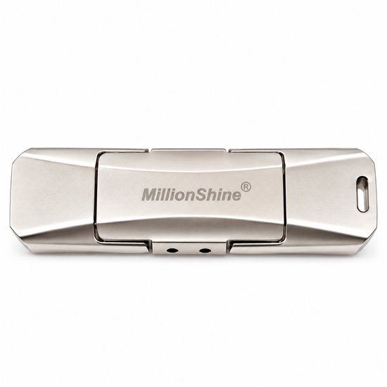 Zilverkleurige MillionShine USB-stick met draaibare dop, in gesloten toestand.