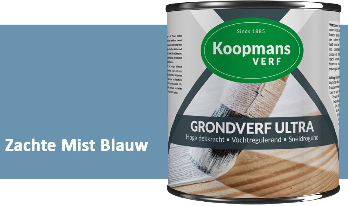 Koopmans Grondverf Ultra – Grondverf Hout & Metaal Binnen en Buiten – Vochtregulerende Primer – Hoge Dekking – Zijdeglans – Zachte Mist Blauw – 375 ml