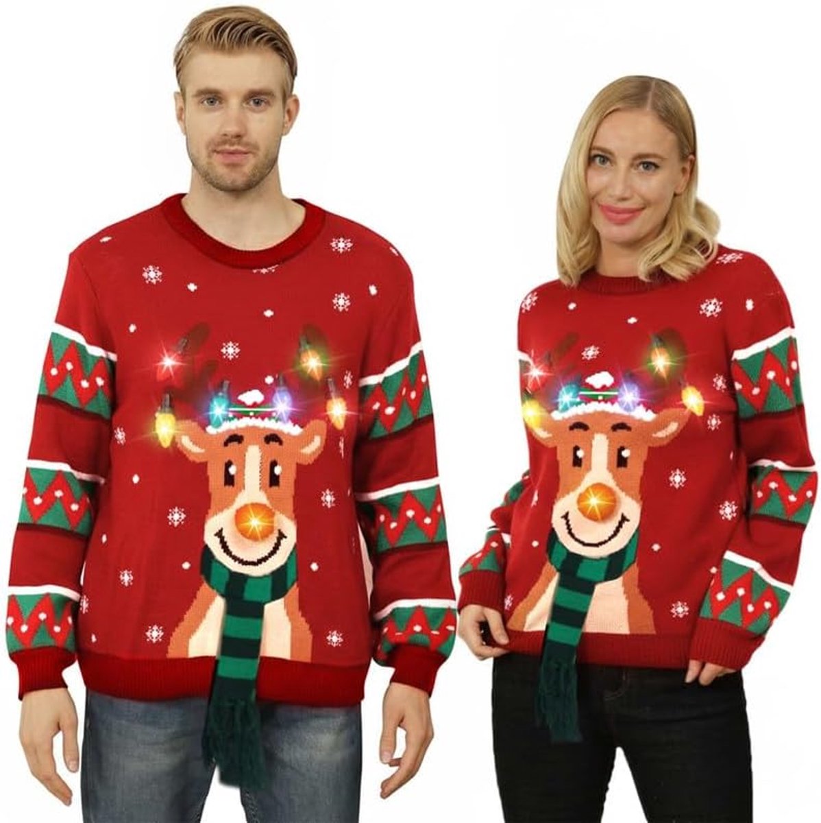 Kersttrui voor dames en heren, Ugly Christmas sweater, led, glitter, eland, kersttrui, grappige kersttrui, knipperend voor mannen/vrouwen, zwart/rood, Rood één stuk
