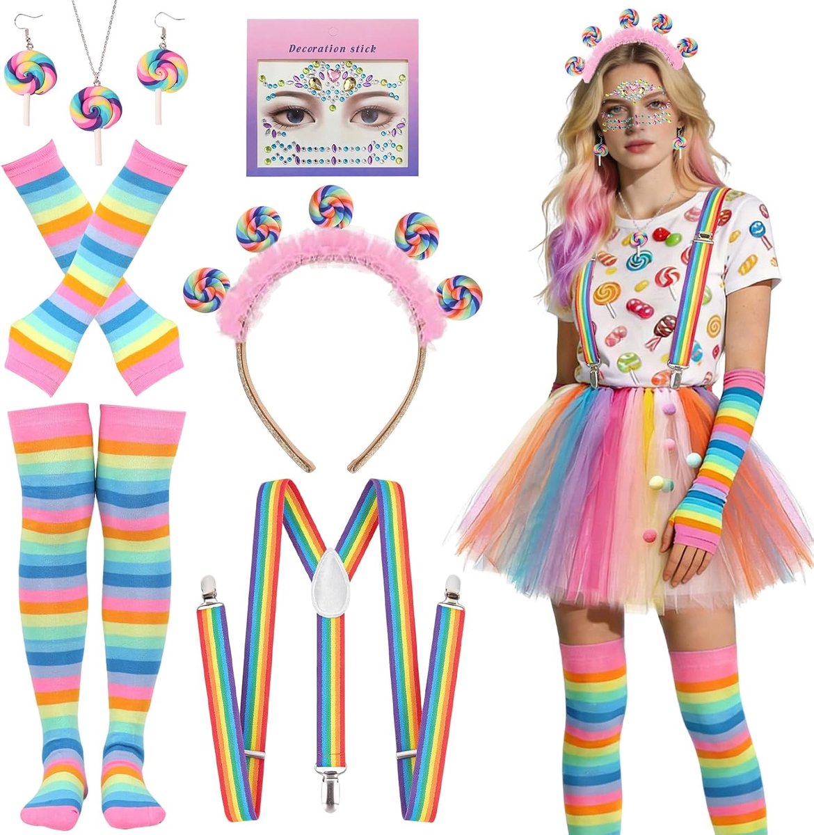 7-delig snoepkostuum voor dames, lollipop-halsketting, oorbellen, tutu, vingerloze handschoenen, kniehoge sokken, voor carnaval, Halloween en snoepfeestkostuum