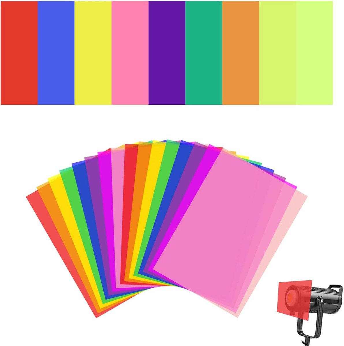 Transparante kleurfolie, 16 vellen 8 kleuren kleurfolies, gel, A4-kleurfolie van transparant pvc voor fotografie, podiumeffecten en video (29,7 x 21 cm)