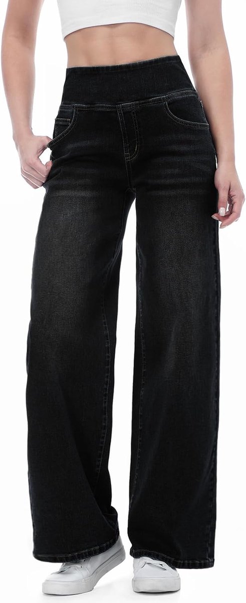 Jeans Dames - Hoge Taille Wide Leg Trekbroek met Rekbare Buikcontrole - Comfortabele Wijde Pijp Denim Broek voor Vrije Tijd en Kantoor