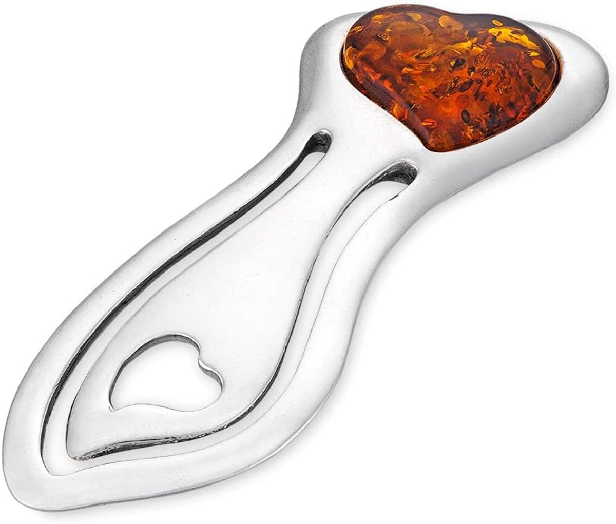 Boekenlegger, Gepolijst Sterling Zilver met Beschermende Nanocoating, Amber Hart in Cognac Kleur, Zilveren Boekenlegger met Amber Hart L. 5.7 cm