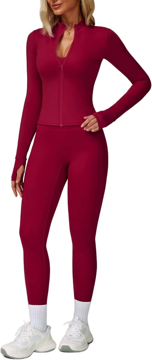 Trainingsset voor dames, trainingsset met lange mouwen en ritssluiting en atletische hoge taille leggings trainingsset