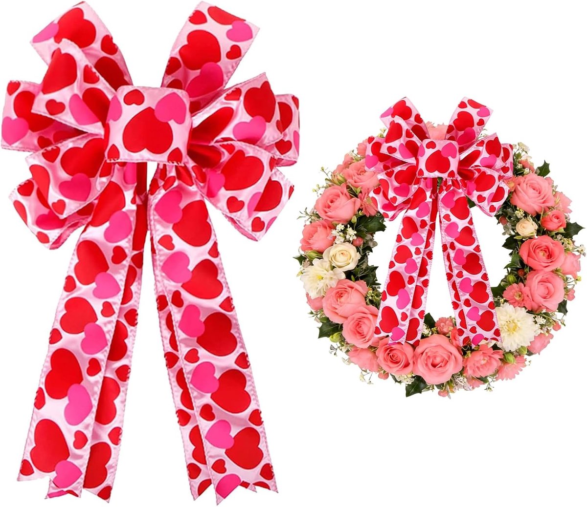 Roze rode strik voor Valentijnsdag, 30 x 40 cm, kroonstrik met hartvormig motief, geen montage, voor Valentijnsdag, bruiloft, muur, deur, open haard, feestdecoratie (A)
