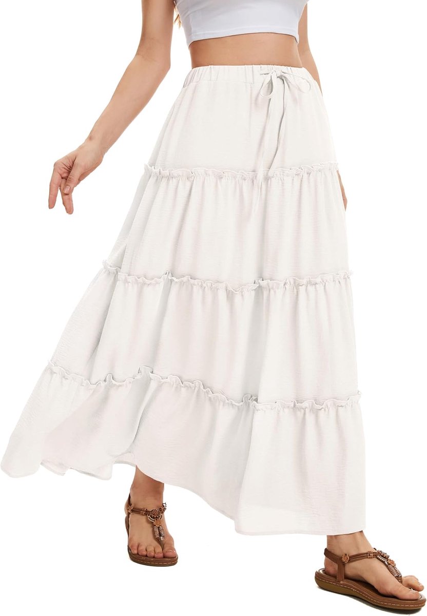 Maxi Rok voor Dames Elastische Hoge Taille met Trekkoord Zomerse Gelaagde Lange Rok met 2 Zakken Voor Dagelijks Gebruik Vakantie & Casual Draag