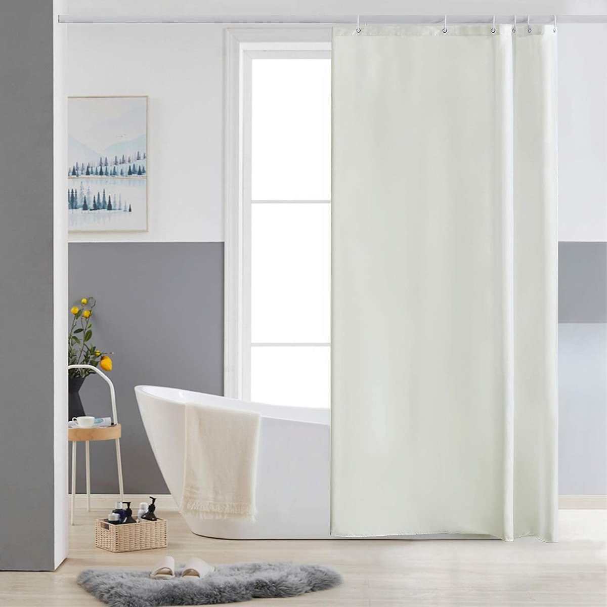 Douchegordijn, schimmelbestendig, wasbaar badkamergordijn van waterdichte polyester stof, waterdicht, voor hoekbadkuip, beige, klein, 90 x 180 cm met 6 douchegordijnringen