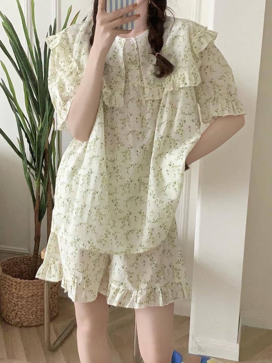 Zoete En Schattige Poppenkraag Pyjamasets - Dame Los Katoengaren Lieve Kleine Bloemenprint Nachtkleding Slapen Loungewear Nachtkleding, Vintage Lange Mouwen Ruches Knop Omhoog Nachtkleding Home