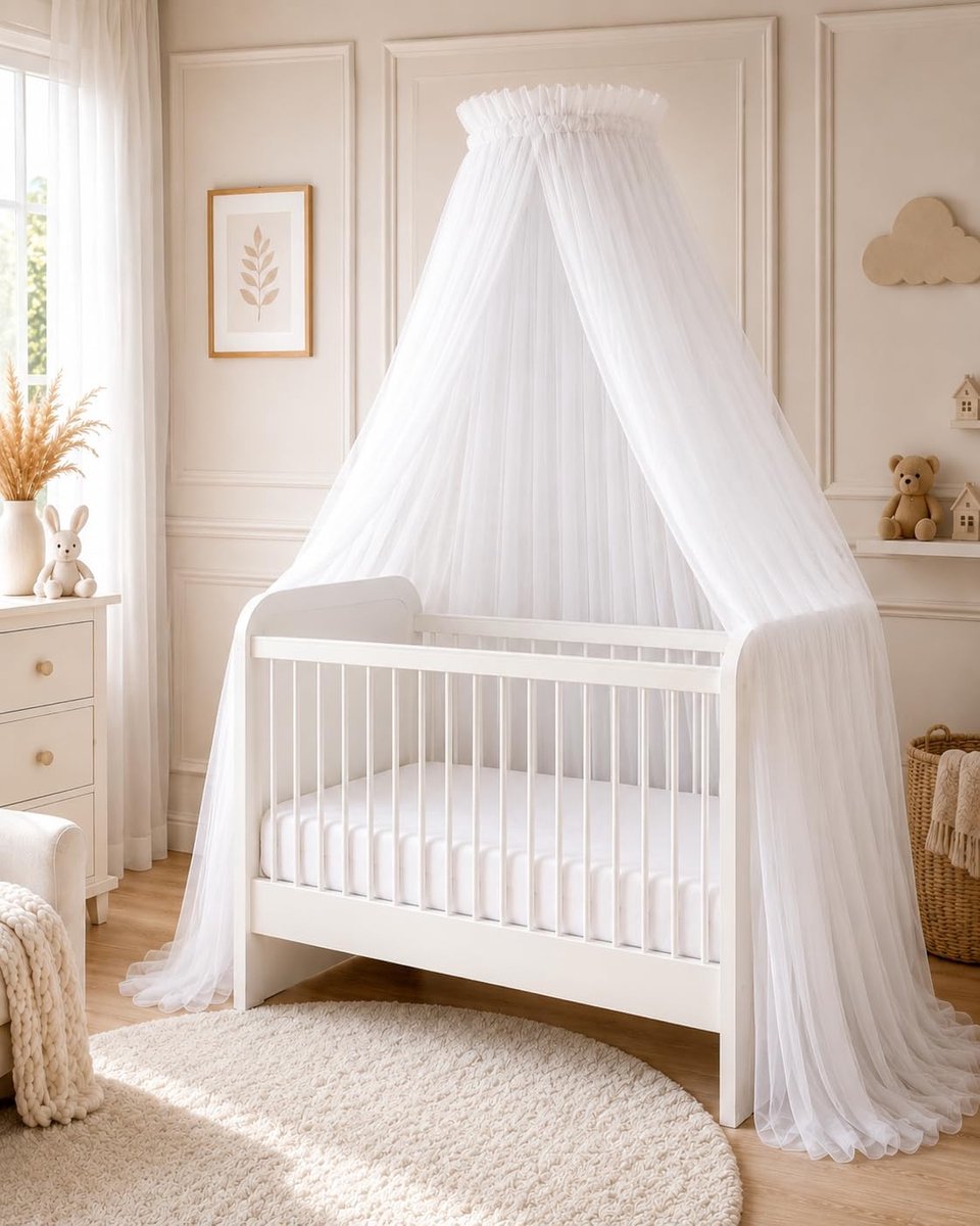 Fancyroom Luifel voor babybed, prinsessen, babybed, muggennet, babykamerdecoratie, luifel, premium tule (ecru/wit, bedluifel zonder pompon)