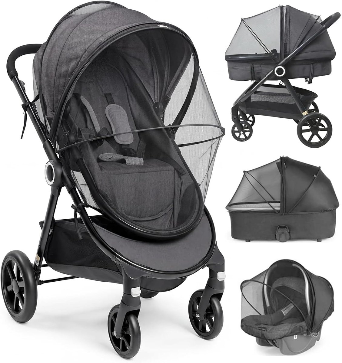 Insectenbescherming voor kinderwagens universeel muggennet voor kinderwagens met elastische band 3D-ondersteuning en tweewegritssluiting opvouwbaar en verstelbaar voor buggy's (zwart)