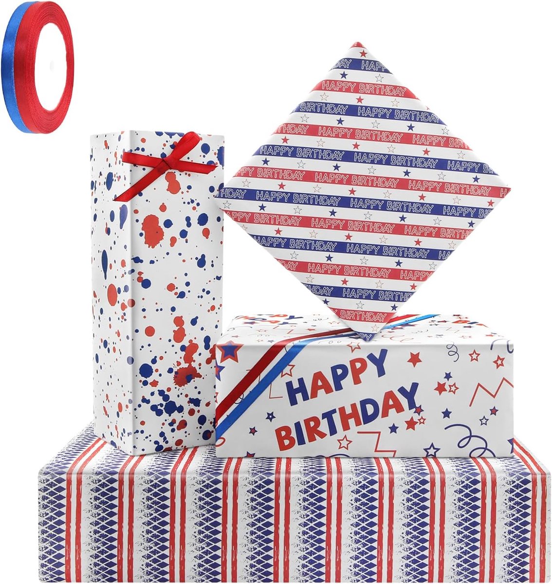 Verjaardag inpakpapier, 4 vellen rood wit en blauw cadeaupapier gestreept ster knutselpapier met rood en blauw lint voor juli USA Independence Day Franse Bastille Dag 70 x 50 cm