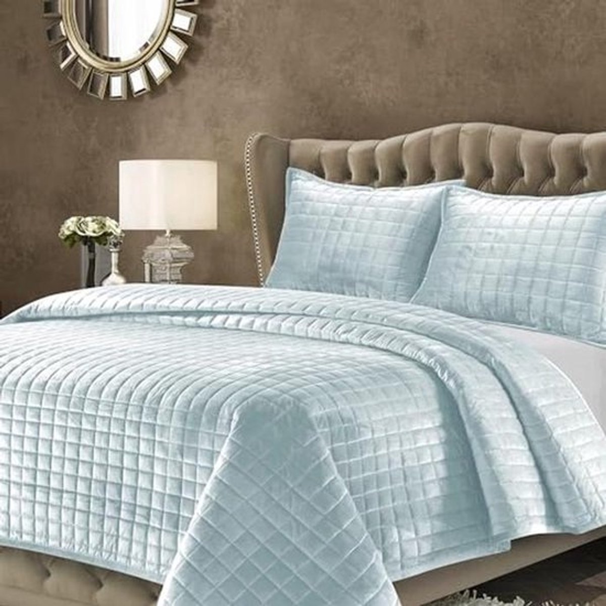 Oversized Fluwelen Quilt Set voor Tweepersoonsbed - Haze Blauw