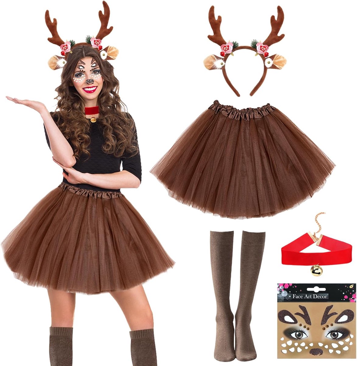 Hertenkostuum voor dames, halloweenkostuum, rendier, dames, tule rok, outfit met hoofdtooi tule rok, bruine stickers, gewei kostuum, volwassenen, voor Halloween cosplay
