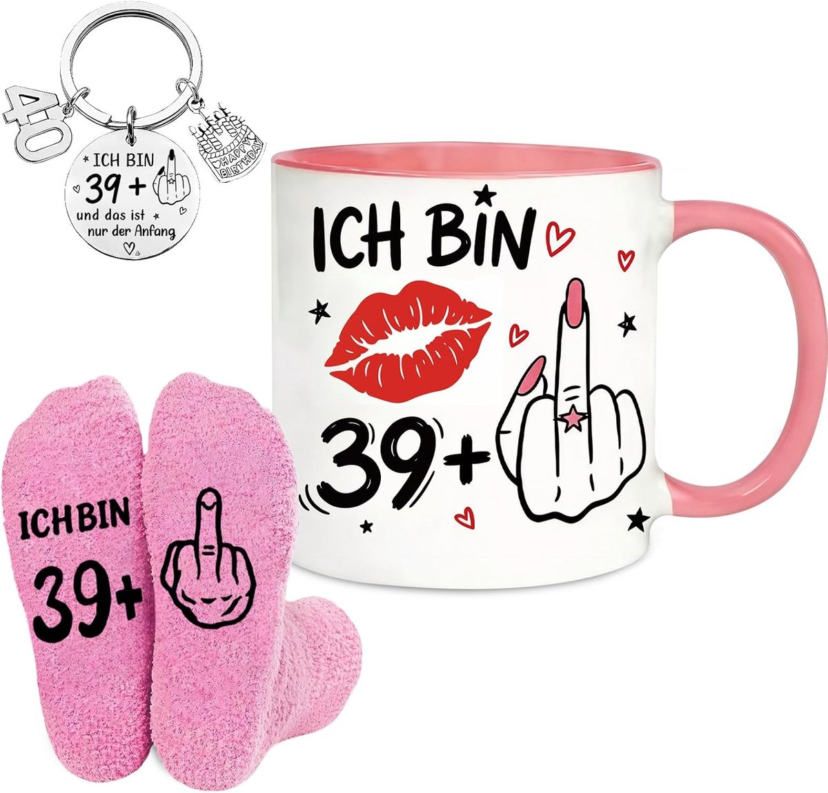 Cadeau voor de 40e verjaardag voor vrouwen, gepersonaliseerde sokken en mokken van 350 ml, grappige en humoristische cadeaus voor de 40e verjaardag voor vrouwen, unieke cadeauset van 99 + 2,5 cm