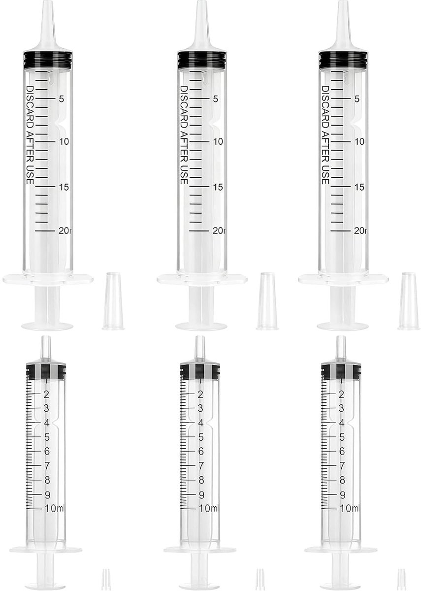 Set van 6 spuiten, 3 x 10 ml en 3 x 20 ml, naaldloze kunststof spuit met beschermkap, brede opening, verstoppingsvrij, doseerspuit voor huisdiervoeding, laboratorium, taartdecoratie en industriële