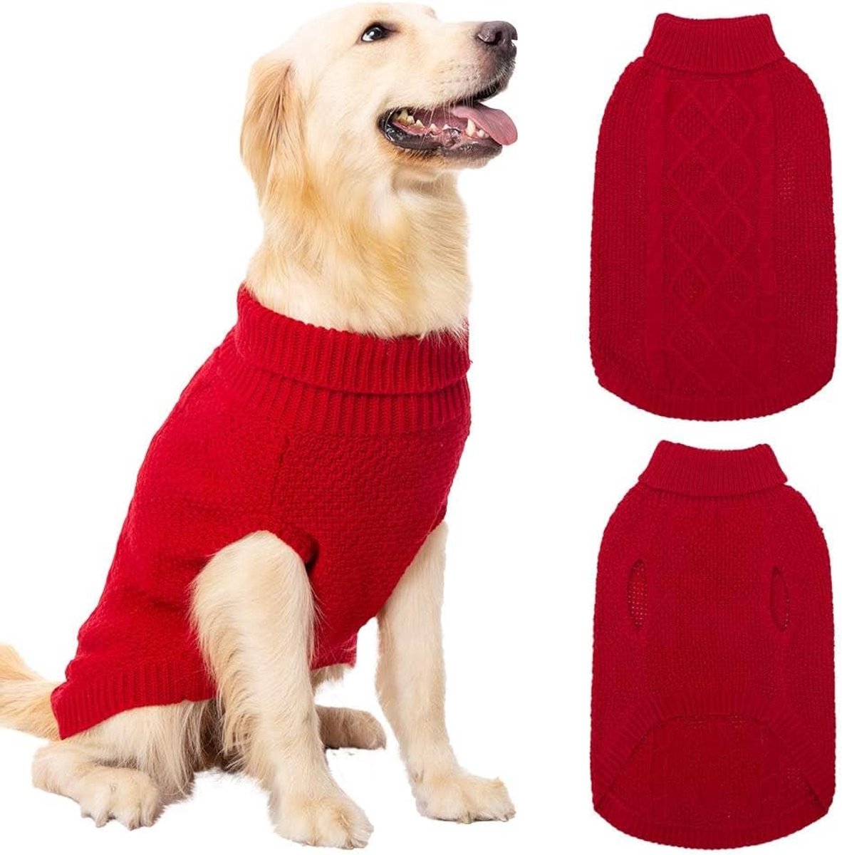 Hondentrui met rolkraag - hondentrui winterjas kleding klassieke kabelgebreide kleding met riemgat voor koud weer