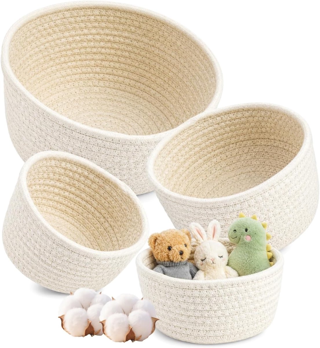Set van 4 gevlochten opbergmanden, rond, katoen, opbergmand, stapelbaar, voor decoratie, opslag in slaapkamer, woonkamer, kantoor (wit)