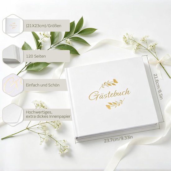 Gastenboek voor bruiloft, met 2 pagina's vaste fotostickers, hoogwaardig bruiloftsboek, hardcover met goudreliëf, afmetingen 21 x 23 cm, hoogwaardig gastenboek, 120 blanco pagina's, 6 pagina's — afbeelding 2