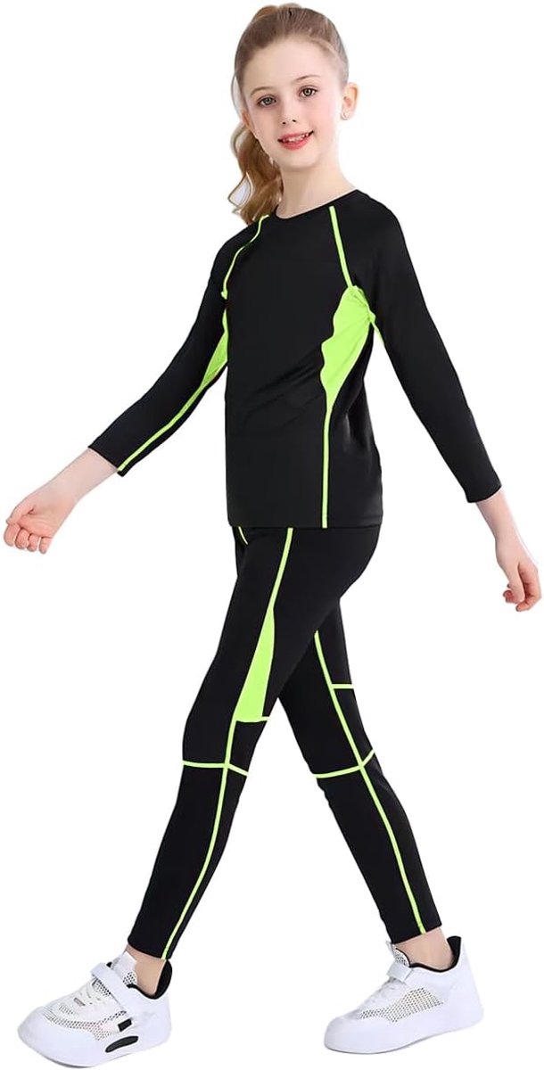 Linboo Meisjessportpak, 2-delig, yogapak met lange mouwen en broek, kledingset, ademend en elastisch, outdoor nauwsluitend dans- en fitnesskleding voor kinderen