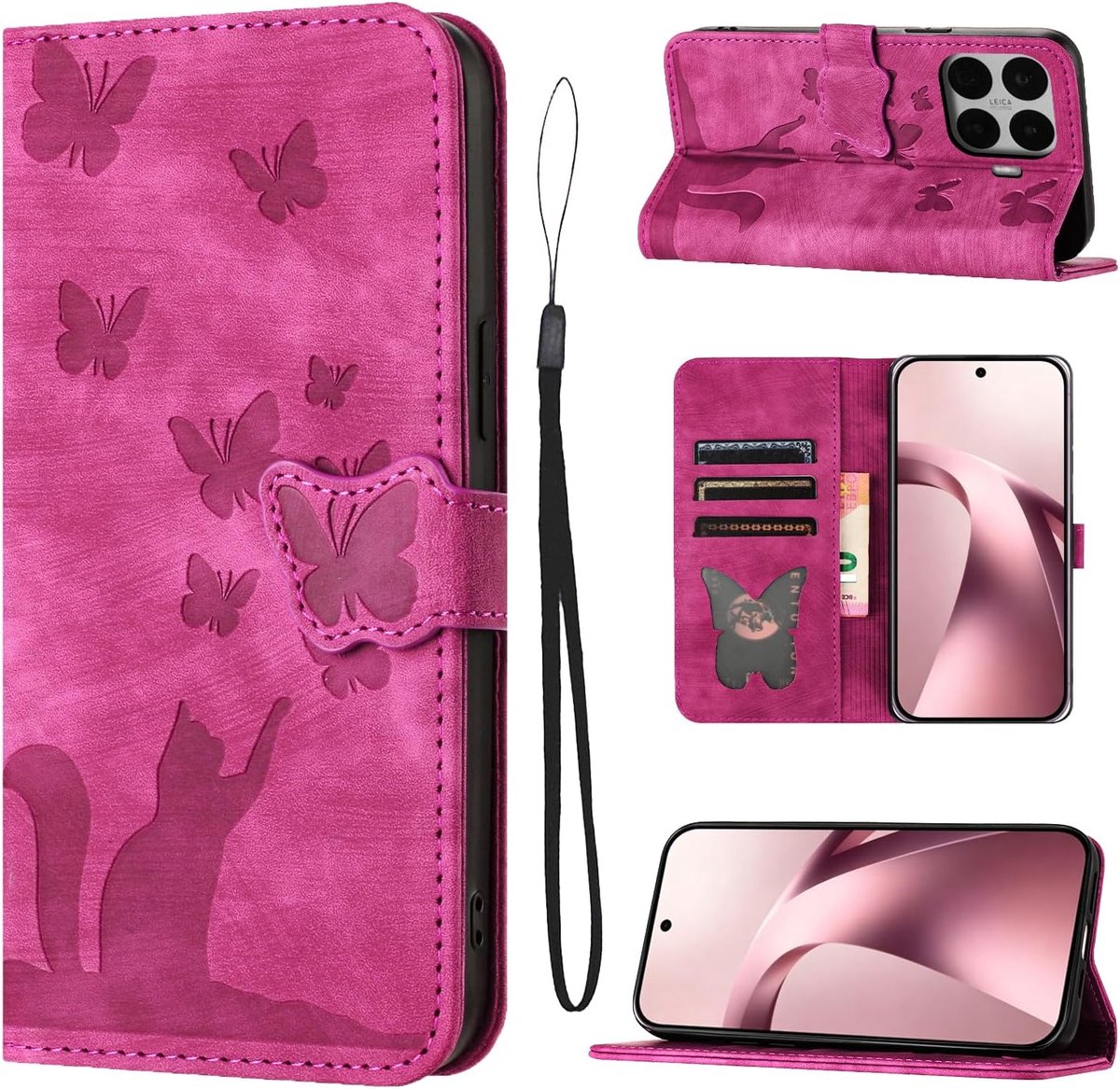 Telefoonhoesje voor Xiaomi 17T Pro (6,83 inch), PU-leer, met kaartsleuven, beschermhoes, inklapbaar, flip case, standfunctie, roze