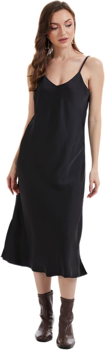Satijnen slip jurk voor dames, spaghettibandjes, midi-lengte, V-hals, zijsplit, casual, party, sexy avondjurk, lang