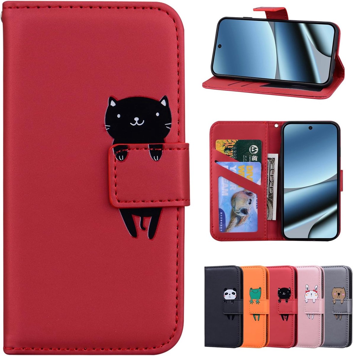 Telefoonhoesje voor 5G (6,3 inch), PU-leer, portemonnee, beschermhoes, standfunctie, magnetische sluiting, telefoonhoes voor 5G (6,3 inch), rode kat