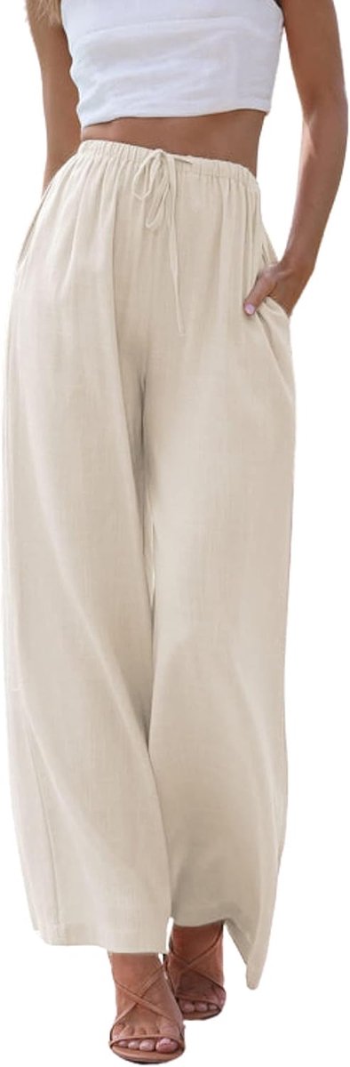 Linnen damesbroek, lang, licht, zomerbroek, losse pasvorm, casual, wijde pijpen, palazzo broek met zakken