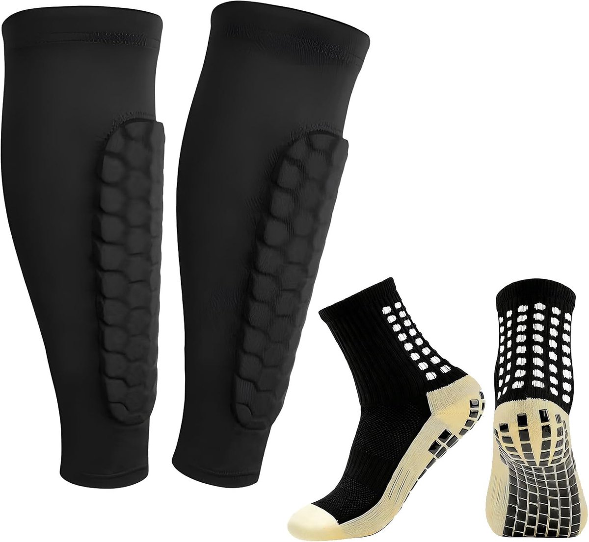 Scheenbeschermerset, 1 paar scheenbeschermerhouders voor kinderen, & 1 paar sportsokken met grip | Complete set met antislipbescherming voor voetbal, basketbal, tennis, hardlopen, S, 6-12 jaar